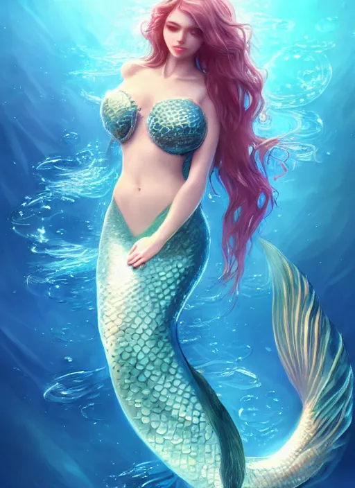 Image similar to very beautiful mermaid, artgerm, artstation, 4 k, top light, bubbles, magical, detailed,