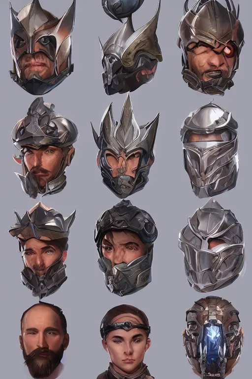 Prompt: item concept art grid of legendary loot headgear by artgerm and Craig Mullins, James Jean, Andrey Ryabovichev, Mark Simonetti and Peter Morbacher 16k