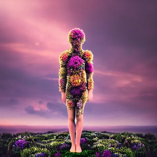 Image similar to A picture of a planet of various flowers, fungus and plants, in which the human figure is dressed in something magical and impressive, inside the picture is infinity, sunset light, Atmospheric phenomenon, artistic photography, muted colors, conceptual