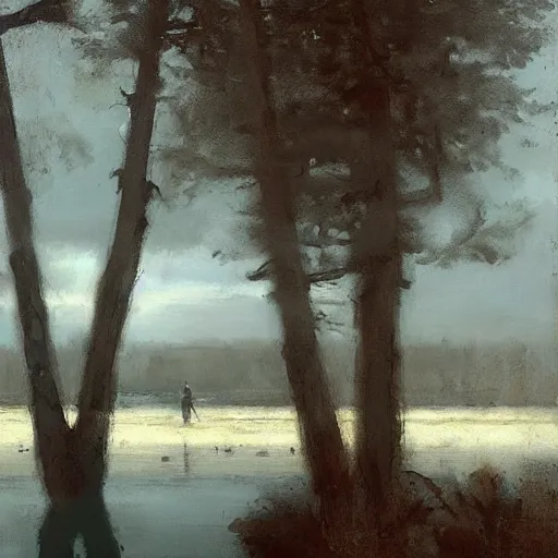 Prompt: lonely boy without his soul staring into a lake, painting by jeremy mann