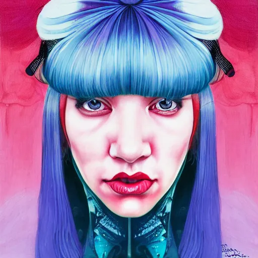 Image similar to portrait of crazy beautiful singer sia kate isobelle furler, big ribbon, ymmetrical, by yoichi hatakenaka, masamune shirow, josan gonzales and dan mumford, ayami kojima, takato yamamoto, barclay shaw, karol bak, yukito kishiro