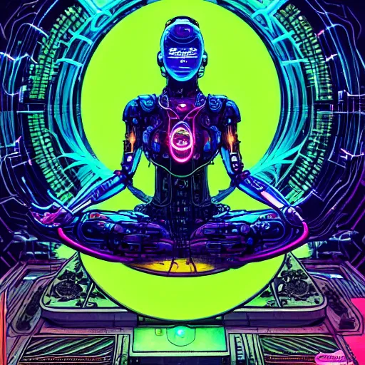 Image similar to a portrait of a beautiful cybernetic woman meditating in lotus pose, wires, cyberpunk concept art by josan gonzales and philippe druillet and dan mumford and enki bilal and jean claude meziere