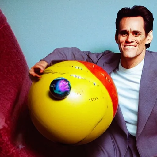 Image similar to a bowling ball carrier with a print of spherical jim carrey