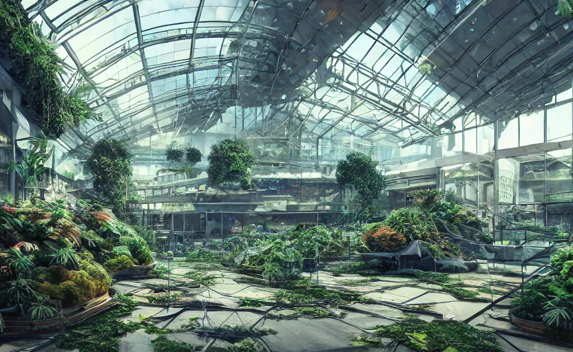 Prompt: Interior of an interstellar abandoned shopping mall overgrown with plants, rendered by Beeple, by Makoto Shinkai, synthwave style, environment concept, digital art, unreal engine, WLOP, trending on artstation, 4K UHD image,