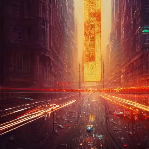 Prompt: detailed intricate digital illustration by greg rutkowski and artgerm and wlop and sanford robinson gifford ; glowing anatomically correct human veins loom over city intersection ; 1 3 mm film, arri alfa anamorphic lens ; long exposure, sharp focus ; golden hour, trending on artstation 8 k