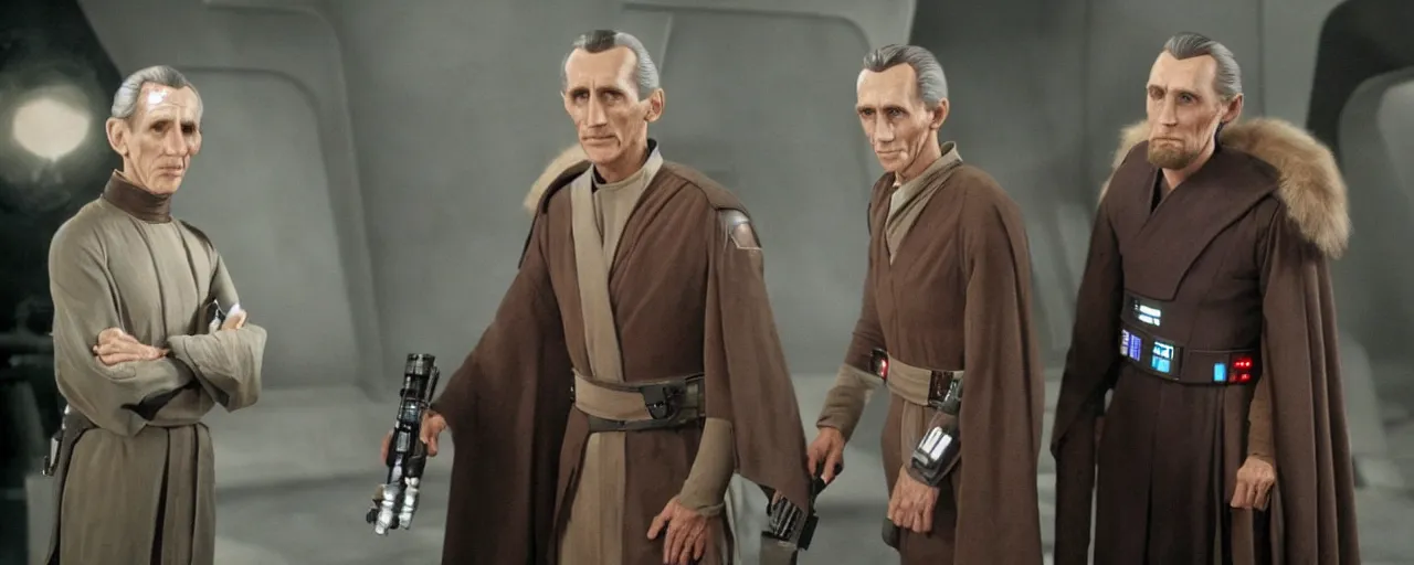 Prompt: Scene from the Disney Plus Star Wars detective show Tarkin and Kenobi h.q. tv still”