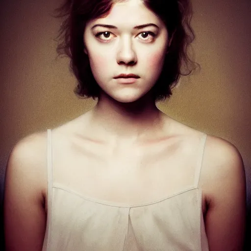 Image similar to a masterpiece portrait photo of a beautiful young woman who looks like an angelic mary elizabeth winstead, symmetrical face