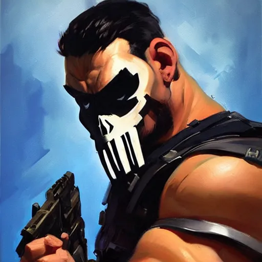 Image similar to Greg Manchess portrait painting of punisher as Overwatch character, medium shot, asymmetrical, profile picture, Organic Painting, sunny day, Matte Painting, bold shapes, hard edges, street art, trending on artstation, by Huang Guangjian and Gil Elvgren and Sachin Teng