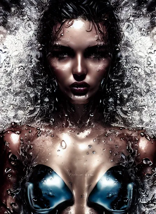 Prompt: fierce glossy wet fashion model, water splashing, effervescent, sweat skin, liquid metal dna, black roses, poster art, ultradetail, hyperrealistic illustration, watercolor, deep mood, hyperrealism, 3 d, in the style of irakli nadar,