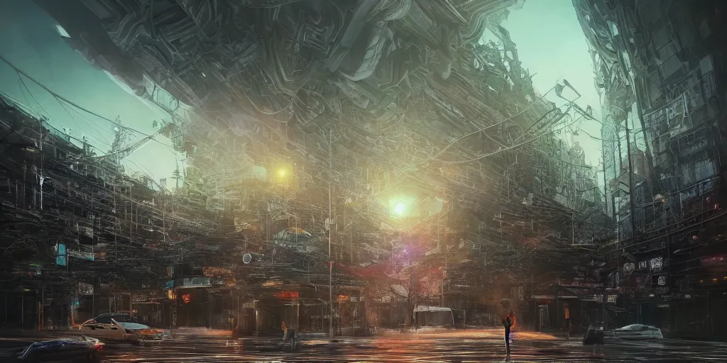 Image similar to lone wanderer in a highly detailed cinematic tokyo suburb, psychedelic, amazing, by feng zhu, wayne barlowe, perfect geometry, hdr, 4 k, hyper - detailed, sharp, beautiful, desaturated, beautiful lighting, oil on canvas, sunset, cinematic composition, trending on artstation, gnomon