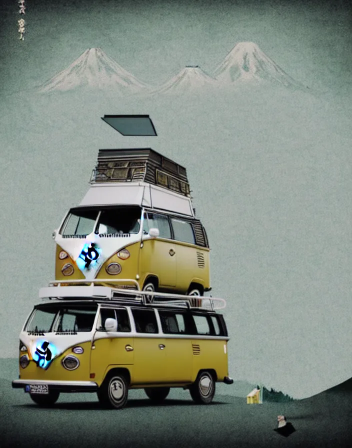 Image similar to front view vw camper touring rural japan, a collage painting, in the style of wes anderson, lola dupre, david hockney, isolated on negative white space background dark monochrome fluorescent spraypaint accents volumetric octane render, no double subject