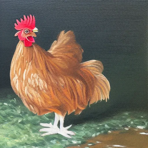 Image similar to a chicken next to a stream oil painting