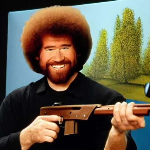Prompt: Bob Ross shows everyone how cool he looks holding a rifle