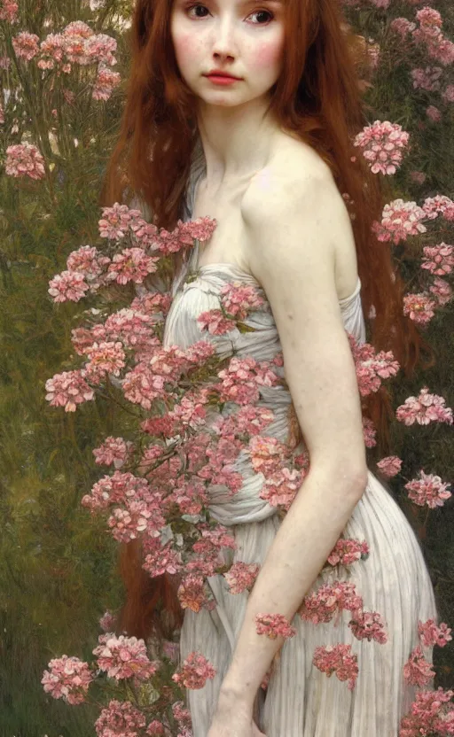 Image similar to a realistic oil painting of a girl resembling karen gillan, covered in flowers, highly detailed, intricate, detailed background, artstation, by mucha, by william adolphe bouguereau, by waterhouse