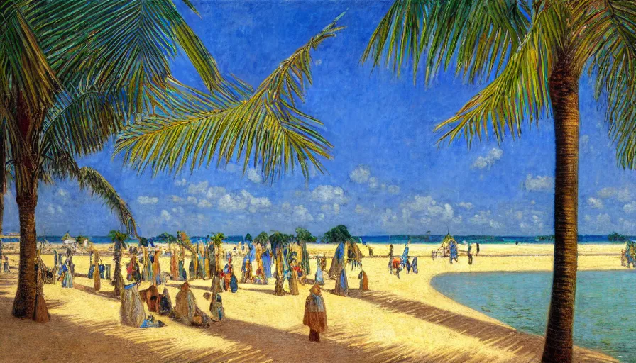 Image similar to a ultradetailed beautiful painting of the amazonas palace balustrade designed by jules bastien - lepage, tarsila do amaral, frank weston and gustave baumann, beach, trending on artstation, mediterranean, palm trees, sharp focus, colorful refracted sparkles and lines, soft light, 8 k 4 k