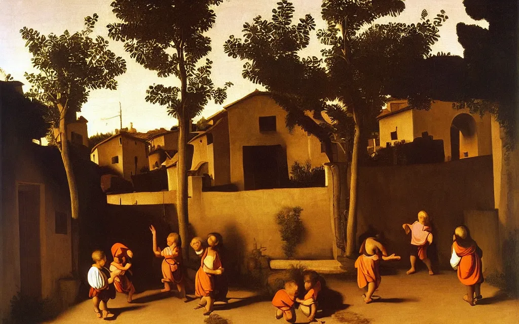 Prompt: children playing near a wash house in a medieval village at sunset orange light realist painting caravaggio