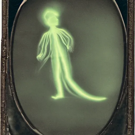 Prompt: intestinal folded glow - in - the - dark ectoplasm, shadow people, slimer, spirit photography, 1 9 0 0 s, daguerreotype