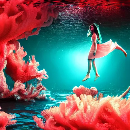 Prompt: jennifer connelly dancing underwater wearing a very long dress made of a chaos of neon colors and lights flowing sideways in a strong current of water, coral sea bottom, octane render, caustics lighting from above, cinematic, hyperdetailed