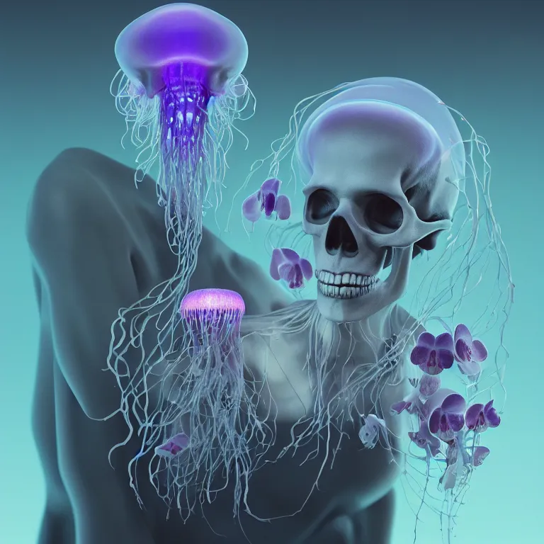 Image similar to portrait of skull and orchids, bio luminescent jellyfish, intricate artwork by Tooth Wu and wlop and beeple. octane render, trending on artstation, greg rutkowski very coherent symmetrical artwork. cinematic, hyper realism, high detail, octane render, 8k