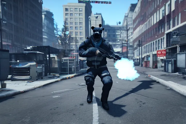 Image similar to Screenshot from the PC game Payday 2 demonstrating the fursuit unlock