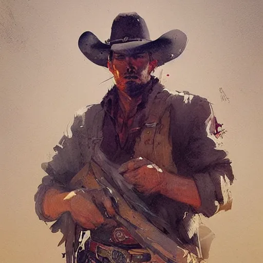 Image similar to a beautiful portrait of a cowboy by greg rutkowski and bill sienkiewicz trending on artstation