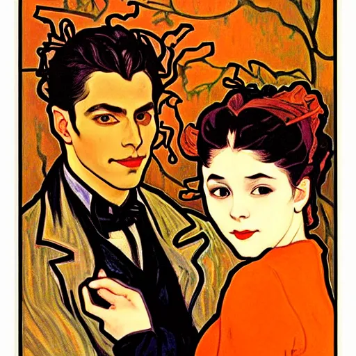 Prompt: painting of handsome young beautiful jeff and gorgeous rina together at the jack o'lantern halloween party, elegant, clear, painting, stylized, art, art by alphonse mucha, vincent van gogh, egon schiele,