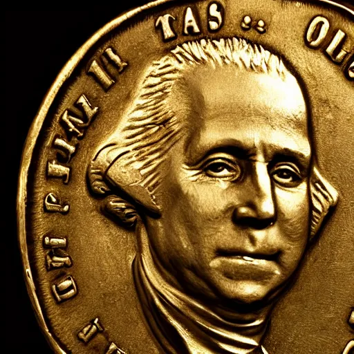 Image similar to a closeup photorealistic photograph of a happy George Washington inspecting small gold Doubloon coins at his home on Cherry Street. This 4K HD image is Trending on Artstation, featured on Behance, well-rendered, extra crisp, features intricate detail and the style of Unreal Engine.