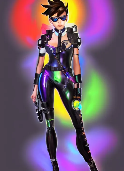 Image similar to full body digital artwork of tracer overwatch, wearing black iridescent rainbow latex, 4 k, expressive happy smug expression, makeup, in style of mark arian, wearing detailed black leather collar, wearing chains, black leather harness, leather cuffs around wrists, detailed face and eyes,