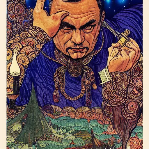 Image similar to viktor orban on a detailed ivan bilibin and edmund dulac and ilya kuvshinov and katsuhiro otomo inspired print