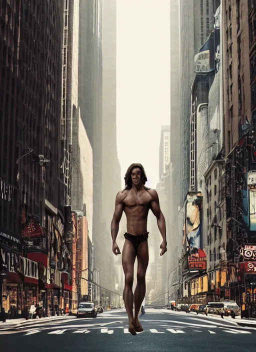 Image similar to film still, tarzan walk on the street of new york, symmetrical, 8 k, medium - format print, half body shot