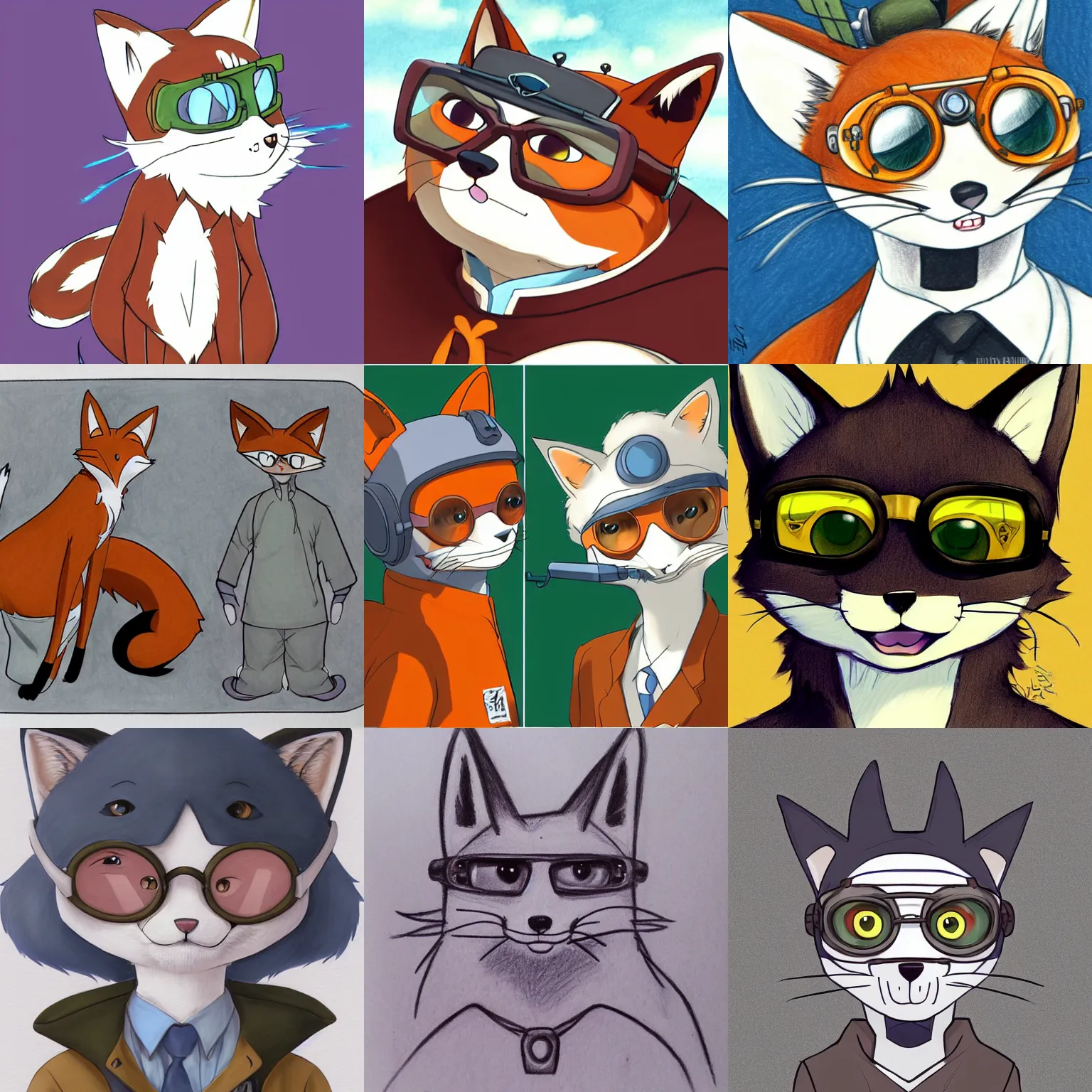 Prompt: a drawing of an anthropomorphic cat-fox hybrid with pilot goggles on, character portrait by Ken Sugimori, by Aaron Miller, by Keren Katz, by Mary Jane Begin, featured on pixiv, furry art, commission for, soft colors, shiny eyes, deviantart hd, studio ghibli