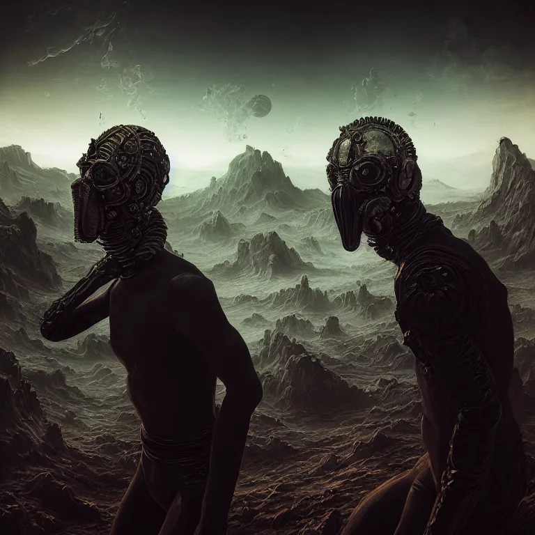 Image similar to portrait of beautiful man wearing black ribbed scorpio as mask, wastelands on exoplanet, baroque painting, beautiful intricate insanely detailed octane render, artstation, 8 k artistic harsh flash photography, photorealistic, volumetric perfect light, chiaroscuro, beeple, annie liebovitz, raphael, caravaggio, rutkowski