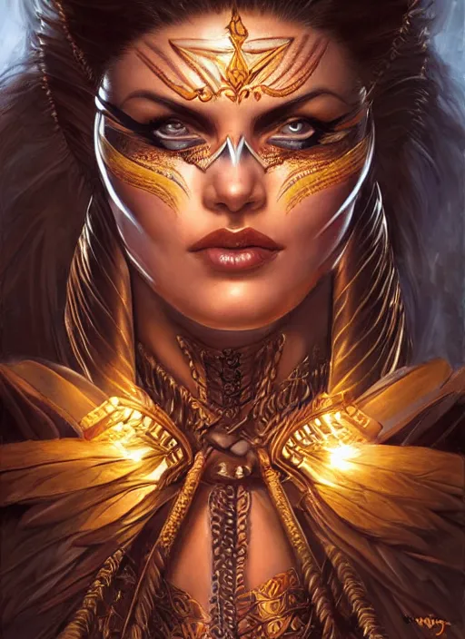 Prompt: a highly detailed symmetrical painting of a female amazon warrior with piercing beautiful eyes in dark tomb setting, dynamic lighting, ambient lighting, deviantart, art by artgerm and karol bak and mark brooks