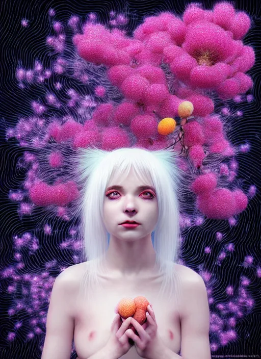 Image similar to hyper detailed 3d render like a Oil painting - kawaii portrait Aurora (white haired Singer Ferret) seen Eating of the Strangling network of yellowcake aerochrome and milky Fruit and Her delicate Hands hold of gossamer polyp blossoms bring iridescent fungal flowers whose spores black the foolish stars by Jacek Yerka, Mariusz Lewandowski, Houdini algorithmic generative render, Abstract brush strokes, Masterpiece, Edward Hopper and James Gilleard, Zdzislaw Beksinski, Mark Ryden, Wolfgang Lettl, hints of Yayoi Kasuma, octane render, 8k