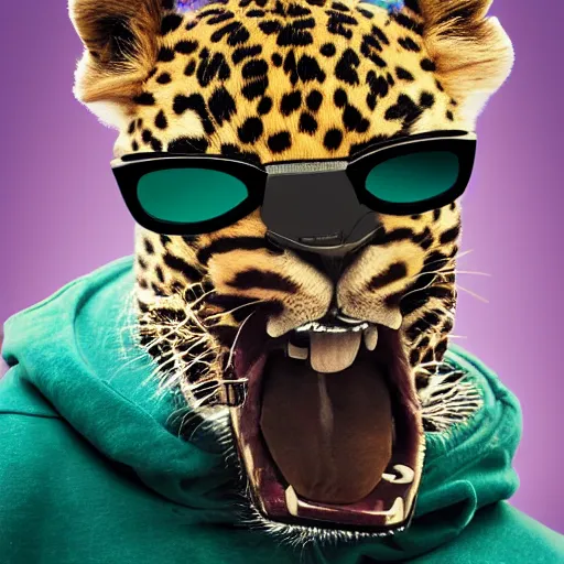 Prompt: a photorealistic canvas painting of a smiling leopard wearing black sunglasses, a teal green hoodie and headphones around his neck. his tongue is showing. hyper detailed. this 4 k hd image is trending on artstation, featured on behance, well - rendered, extra crisp, features intricate detail, epic composition and the style of unreal engine.