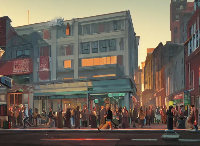 Image similar to crowd of working citizens carrying daily routines on the backdrop of multiple missile warheads explosions destroying residential buildings, DSLR 35mm, by Edward Hopper and Dan Mumford and WLOP, Unreal Engine 5, Lumen, Nanite