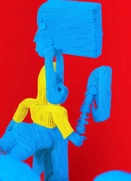 Image similar to room full of giant blue and red people made out of pipecleaners in a baroque style of Jean-Michel Basquiat, 3D cinematic lighting, spotlight at a 90 DEGREE ANGLE, photorealism, octane render, depth of field, 8k, 35mm, artgem, Trending on artstation