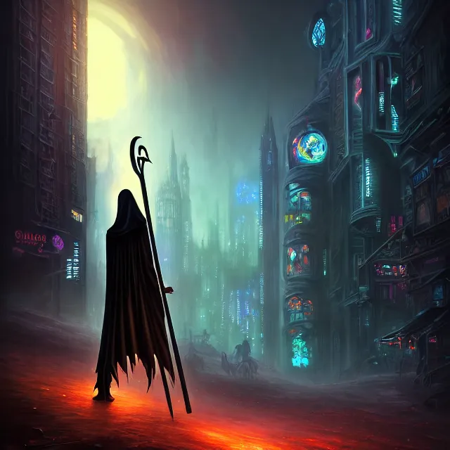 Prompt: Beautiful portrait 3d render of the gothic grim reaper with a scythe, centered face, portrait, atmospheric lighting, painted, intricate, volumetric lighting, beautiful, rich deep colors masterpiece, sharp focus, ultra detailed, in the style of Dan Mumford and marc simonetti, with a crowded futuristic cyberpunk city in the background, astrophotography