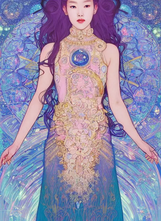 Image similar to Kim Ji-soo from Blackpink as magical celestial princess wearing luxurious futuristic chic slim pearlescent dress, bright gold eyes, peaceful expression, fantasy, intricate pink and royal blue dress, captivating, seductive look, accurately portrayed, portrait art by James Jean and Alphonse mucha, highly detailed, digital painting, concept art, illustration, multiversal paradise shining rgb luxurious lights, trending on artstation, very detailed, smooth, sharp focus, octane render, close-up