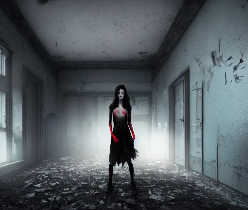 Image similar to Gothic girl standing on an abandoned hospital room with red ceiling lighting and several blue lights on the walls, gloomy and foggy atmosphere, octane render, artstation trending, horror scene, highly detailded