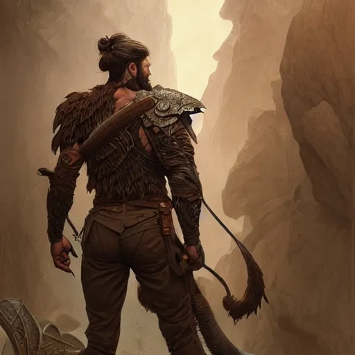 Image similar to portrait of the back of rugged male ranger, masculine, D&D, muscular, fantasy, intricate, elegant, highly detailed, digital painting, artstation, concept art, smooth, sharp focus, illustration, art by artgerm and greg rutkowski and alphonse mucha