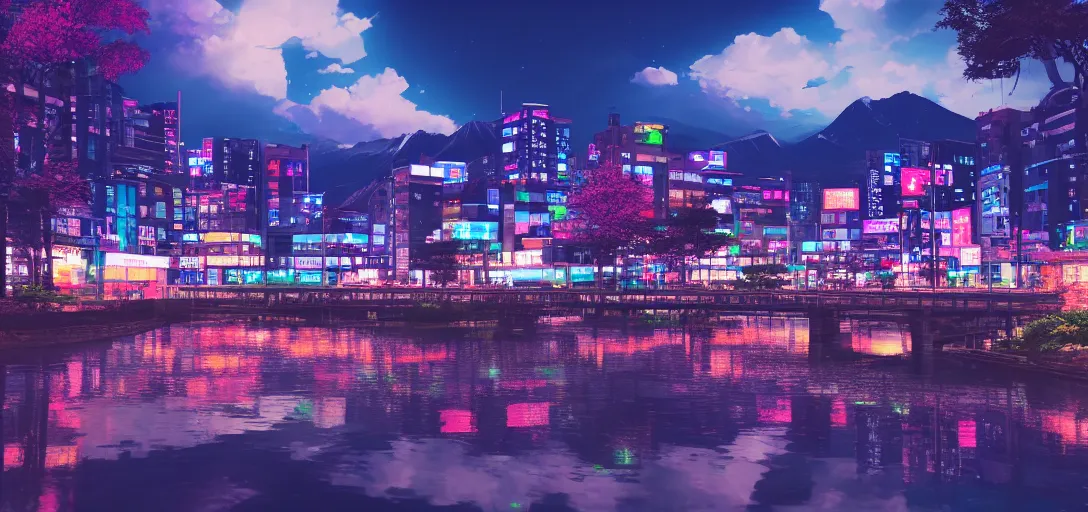 Image similar to very beautiful view of a modern japanese city at night, watery lake with dappled reflections, icy mountains in the background, calm clouds, colorful glow, neon lights, cinematic lighting, ultra detailed, sharp, ambient occlusion, raytracing, by dylan cole, sebastian meyer and jordan grimmer