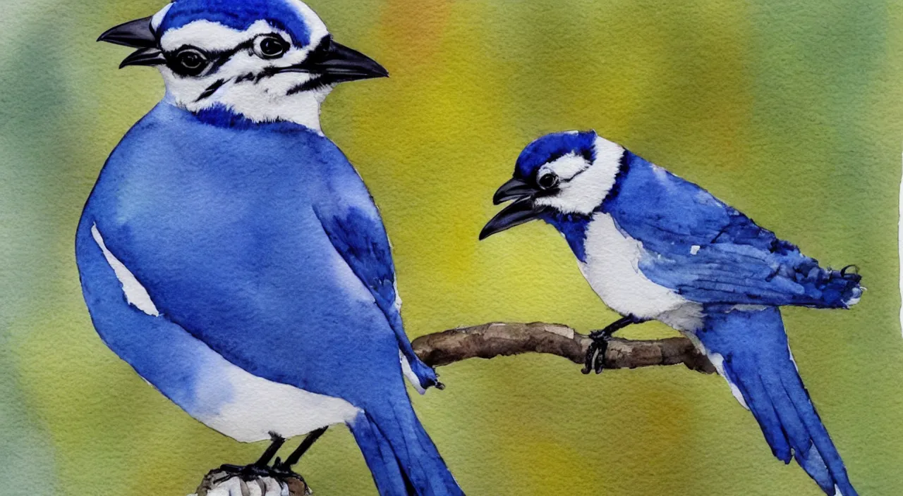 Prompt: watercolor painting of a bluejay crossed with a raven, beautiful,