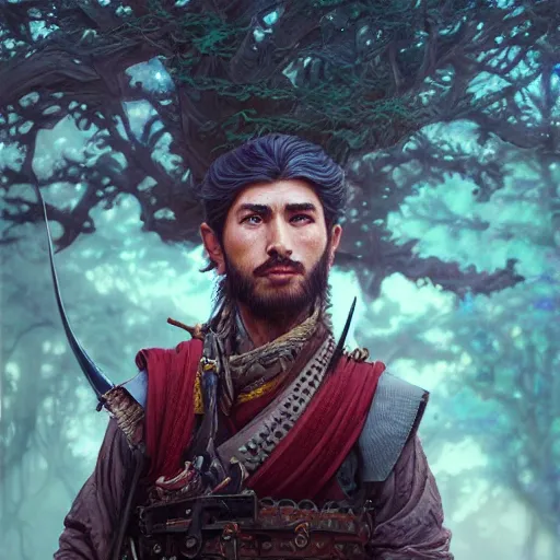 Image similar to Hyper realistic detailed portrait of Kurdish samurai, Stephen Bliss, unreal engine, fantasy art by Greg Rutkowski, Loish, Rhads, ferdinand knab, Makoto Shinkai and Lois van baarle, ilya kuvshinov, rossdraws, Tom Bagshaw, alphonse mucha, global illumination, radiant light, detailed and intricate environment, highly detailed, award winning art