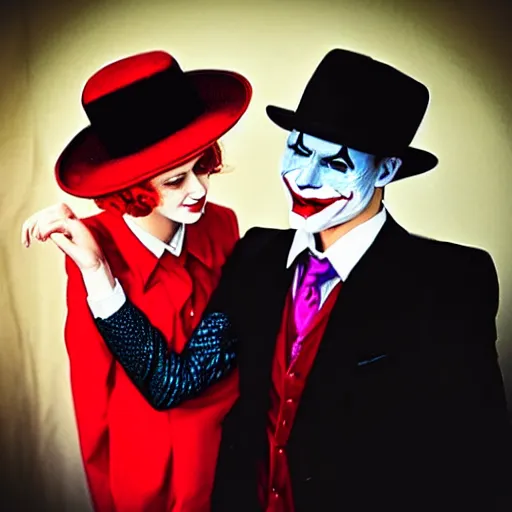 Image similar to the joker wearing a black suit with red tie, wearing a fedora, standing next to a 20's flapper, prom pictures, amateur photography