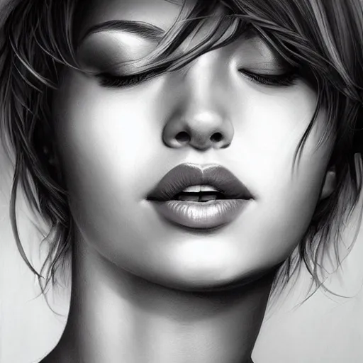 Prompt: a mouth a bit open, two eyes half closed, half a smile on her soul, a beautiful portrait on the wall. by artgerm and Rich Pritch