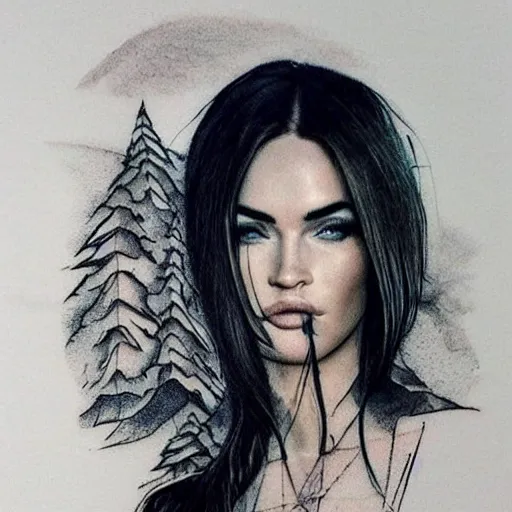 Prompt: megan fox beautiful mountains, double exposure effect, medium sized tattoo sketch, amazing detail, on pinterest