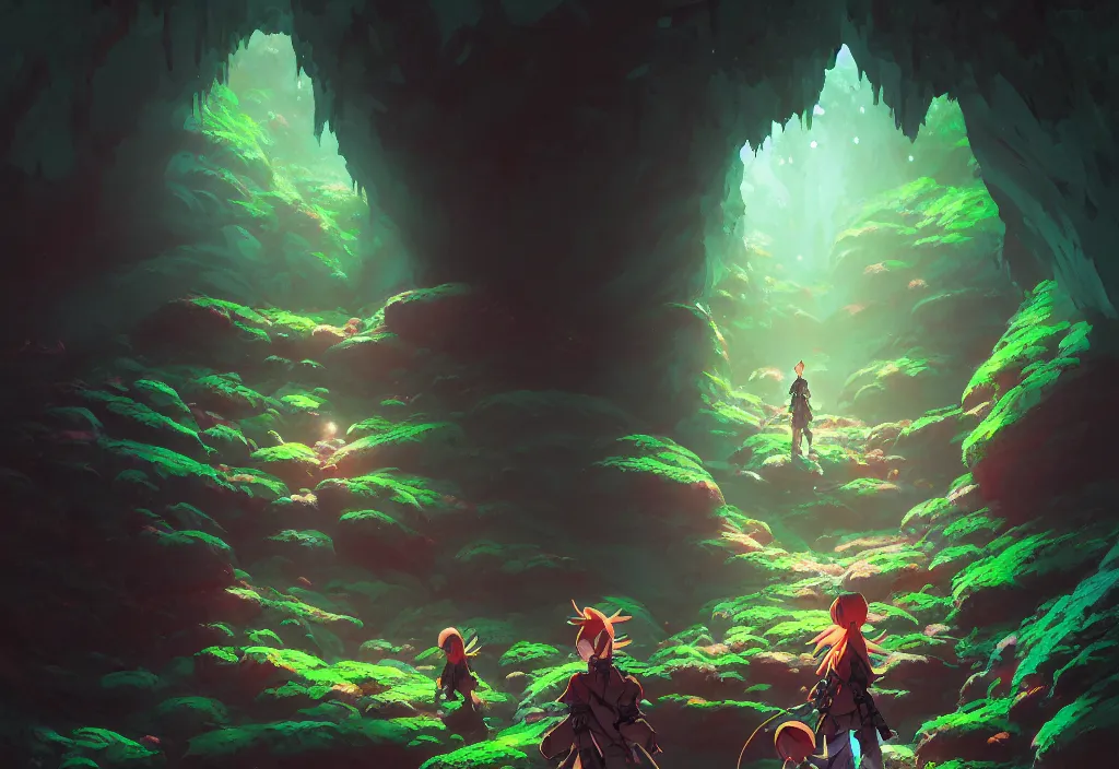 Image similar to a dark cave tunnel with crystals and moss, intricate oil painting, high detail illustration, sharp high detail, manga and anime 1 9 9 9, official fanart behance hd artstation by jesper ejsing and makoto shinkai, 4 k,