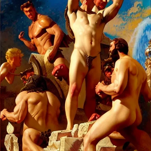 Image similar to down syndrome ares and hercules hit dabs in front of zeus the ruler of olympus, heavenly marble, ambrosia served on golden platters, painting by gaston bussiere, craig mullins, j. c. leyendecker, tom of finland