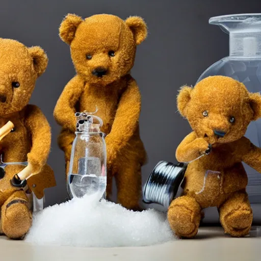 Image similar to photo of teddy bears mixing sparkling chemicals as mad scientists in a steampunk style